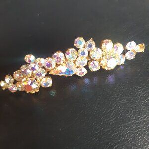 Vintage Aura Borealis Rhinestone Brooch Pear Shaped Center 3" Long